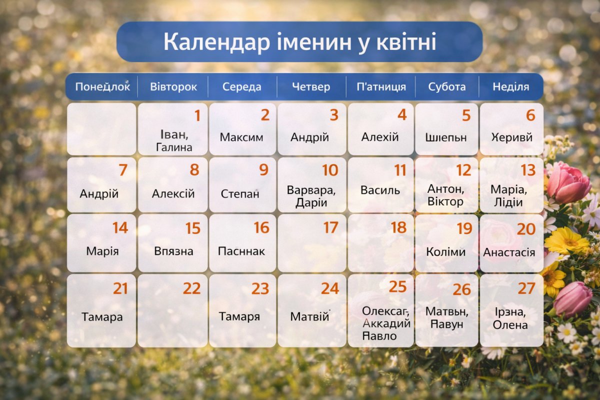 Календар іменин у квітні за датами Календар іменин у квітні за датами